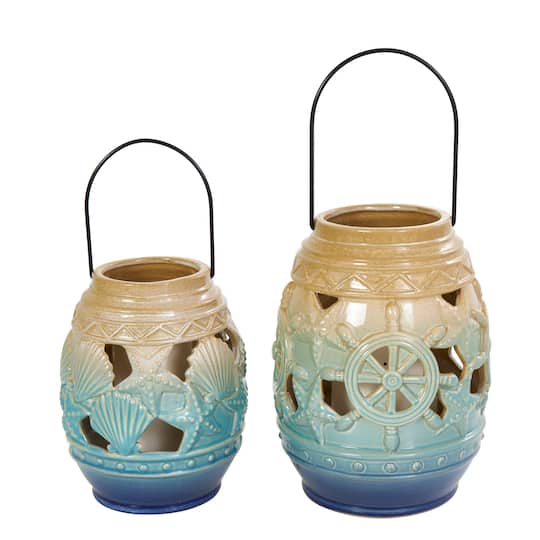 Blue Ceramic Ombre Nautical Cutout Candle Lantern Set